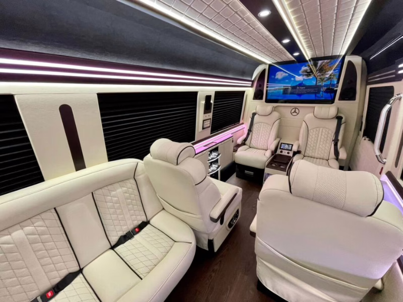 Luxury Mercedes-Benz Jet Sprinter with white interior for airport transfers, hourly service, and World Cup transportation by Legends Limousine Worldwide